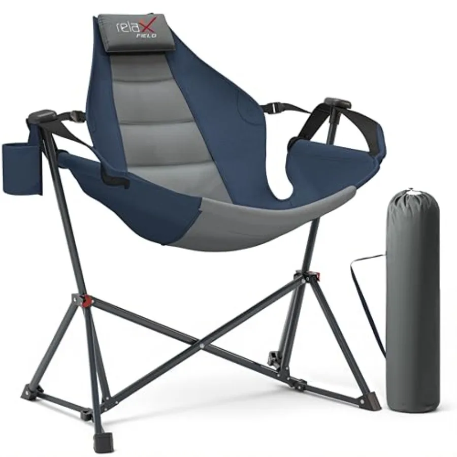 

Hammock Camping Chair for outdoor beach camping patio use, navy polyester fabric, adjustable backrest and pillow cup holder, 35