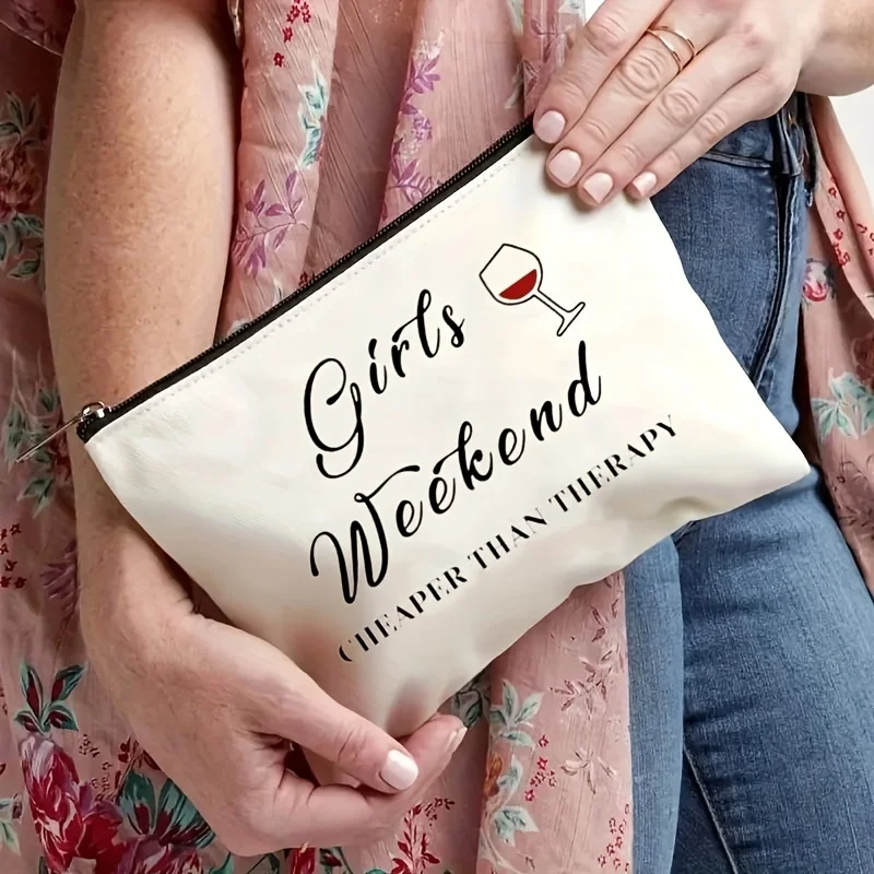 1Pc Women's Weekend Wine Retro Design Multifunctional Travel Makeup Bag, Snack Storage Bag, Stationery Storage Bag, Fashion Toiletry Bag, Canvas Double-Sided Printed Zipper Pouch