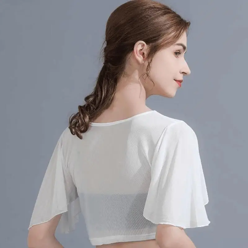 39BC Fashionable Sheer Mesh Crop Top for Women Ruffle Half Sleeve Transparent Shirt