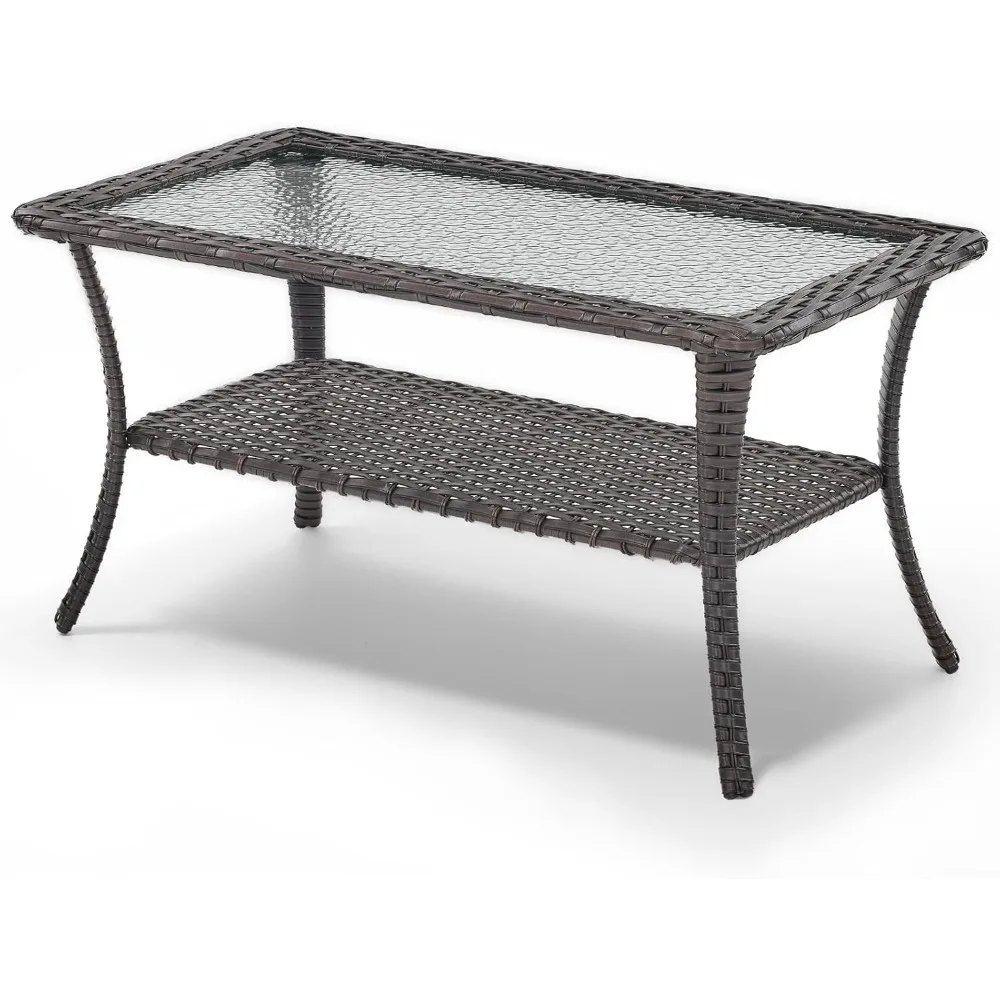 Outdoor Coffee Table - Patio Rattan Wicker Coffee Table with Tempered Glass Top and 2-Tier Storage Outdoor Table for Deck Porch