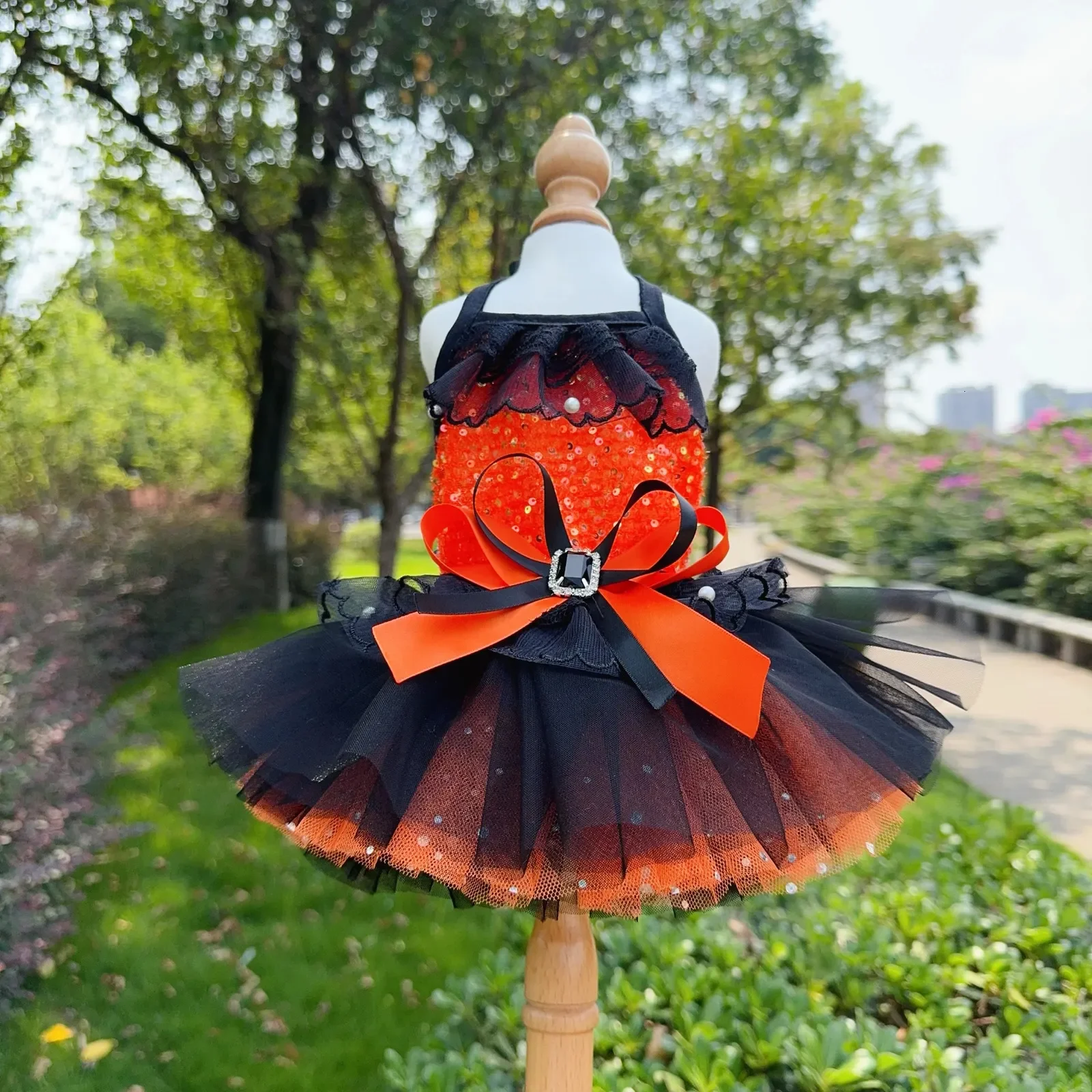 

Puppy Dog Clothing Halloween Orange Black Sequin Lace Bow Sling Princess Dresses For Small Medium Dog Autumn Pet Dog Clothes