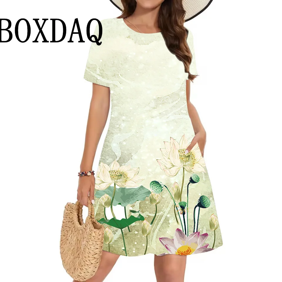 Letnia naturalna sceneria drzewo 3D sukienki z nadrukiem kobiety wakacje plaża sukienka z krótkim rękawem Casual O-Neck kieszeń luźna sukienka Sundress