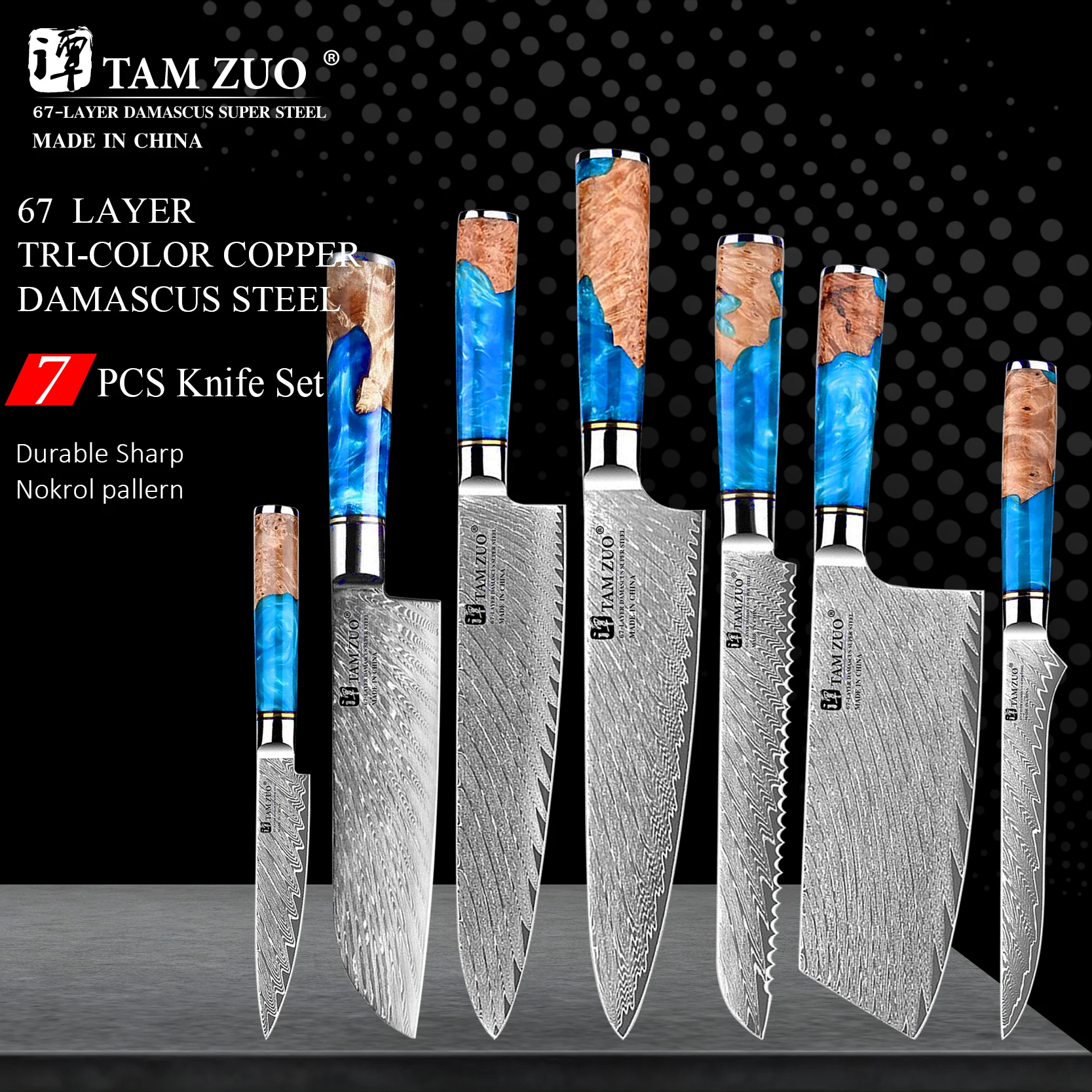 

1-7PCS Kitchen Knives-Set Damascus Steel Chef Knife Cleaver Paring Utility Bread Knife Cooking Tool Blue Resin Handle with Box
