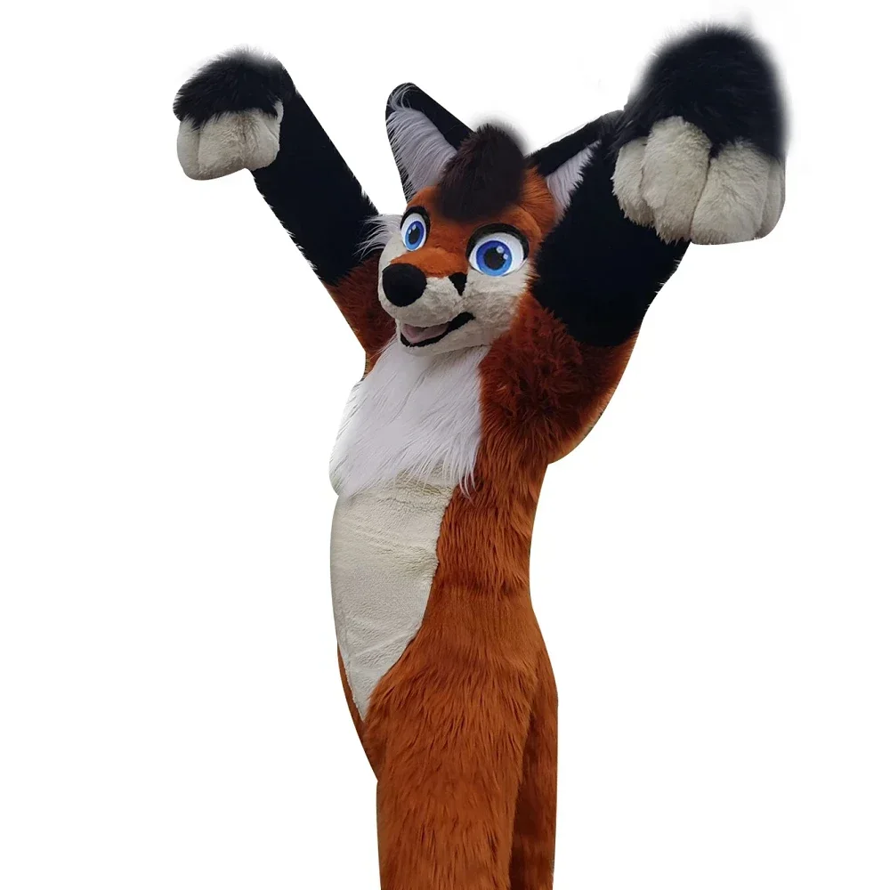 

Christmas Brown White Wolf Husky Dog Fox Mascot Costume Long Fur Furry Costume Cosplay Fursuit