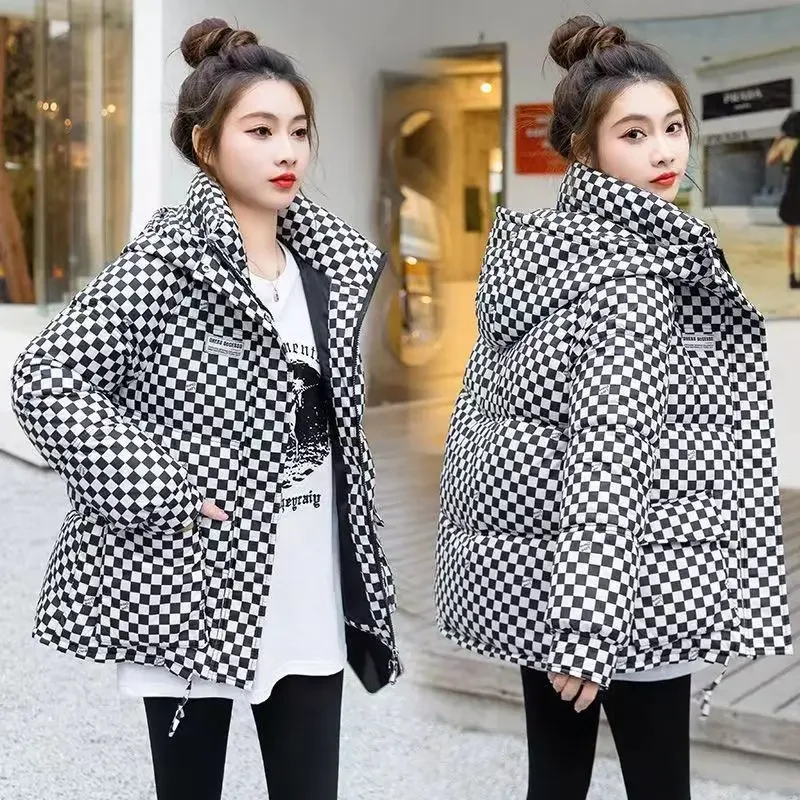 Checkerboard cotton-padded women\'s clothing 2023 new winter short cotton-padded jacket thickened winter fashion cotton-padded