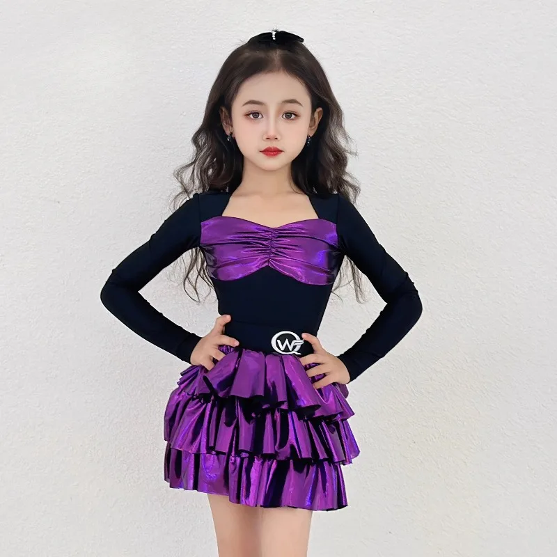 ชุดเต้นรำละตินสำหรับเด็กผู้หญิง ชุดฝึกซ้อมเด็กคุณภาพสูง รุ่นใหม่ สำหรับฤดูใบไม้ร่วงและฤดูหนาว กระโปรงแสดงสีม่วง