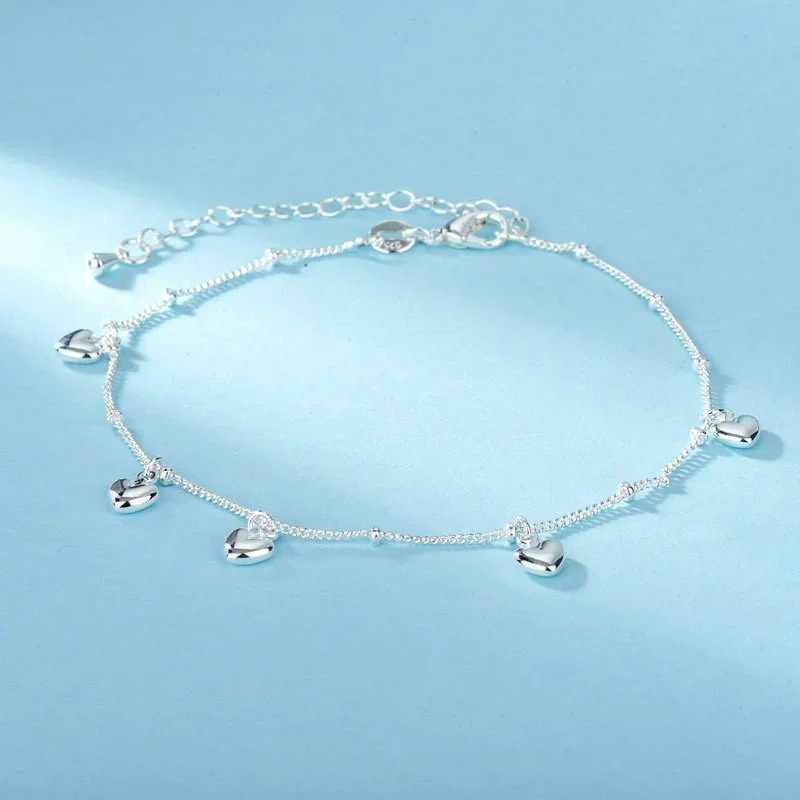 925 Sterling Silver Fashion Fine Five Heart Pendant Anklets Women Jewelry Birthday Gift Summer Sexy Beach Foot Chain Bracelets