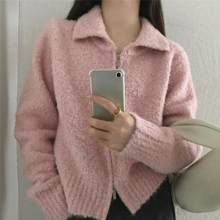 Korean Turn Down Collar Cardigan Women Autumn Clothing Fashion Sueter Mujer Fashion Dual Zippers Pull Femme Loose Sweater Jacket