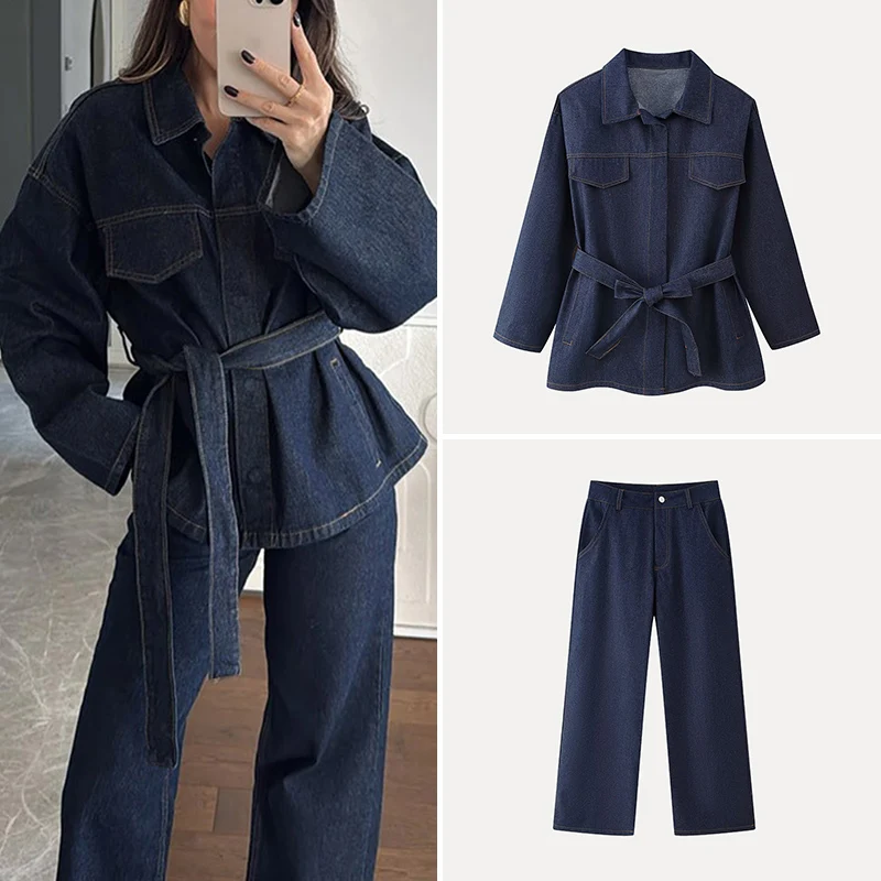 

High Waist Denim Jaet with Belt And Collar Women's Faion Set Spring 2025 Z Brand Polyester Fiber Student orm