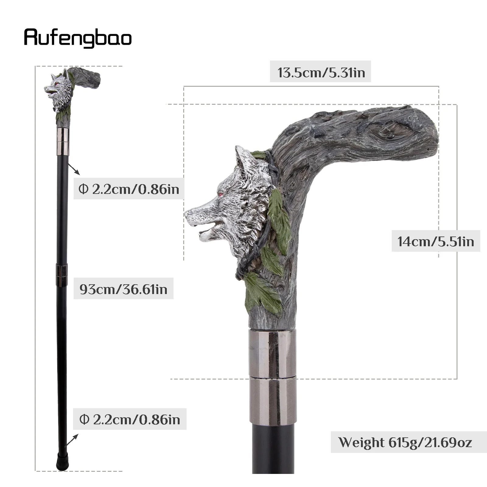 Silver Resin Wolf Head Tree Root Walking Cane Stick for Cosplay Everyday Use with Deluxe Box 93cm Performance Stage Cane