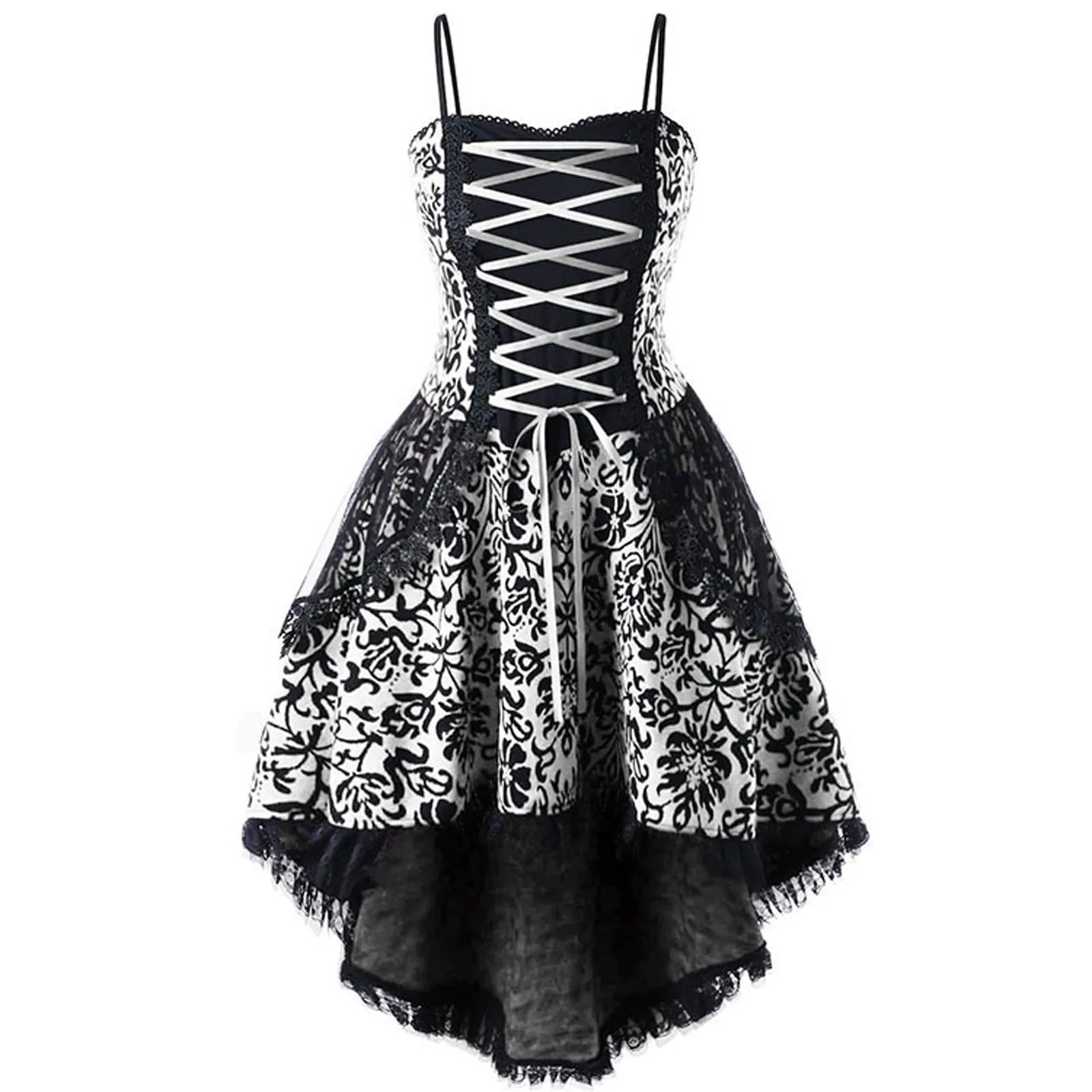 Gothic Lace Cami Dress For Women Vintage Lace Up Party  Sleeveless Bandage Splicing A-Line Print High Waist Irregular Hem Dress