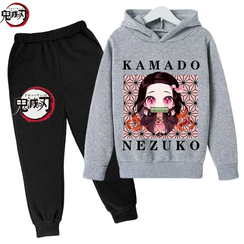 Anime Demon Slayer felpe con cappuccio per bambini + Set di pantaloni ragazze ragazzi 3-12 anni cappotto nero per bambini primavera autunno felpe per il tempo libero vestito