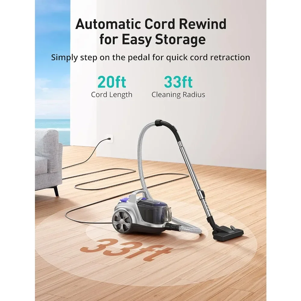

Canister Vacuum Cleaner – 24Kpa Suction, 3.7QT Bagless Dust Cup, Double HEPA Filter & Retractable Cord