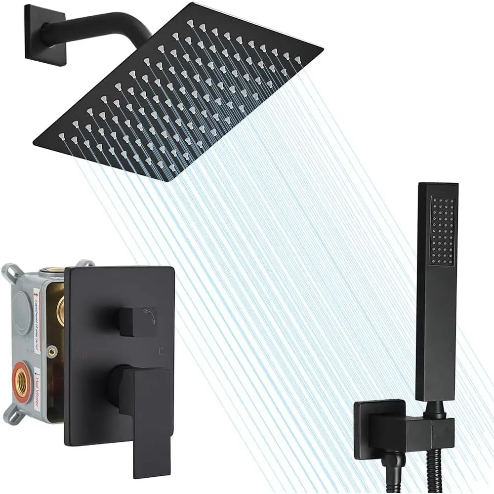 

Luxury Matte Black 8-Inch Wall-Mounted Rain Shower System with Square Handheld Combo Kit
