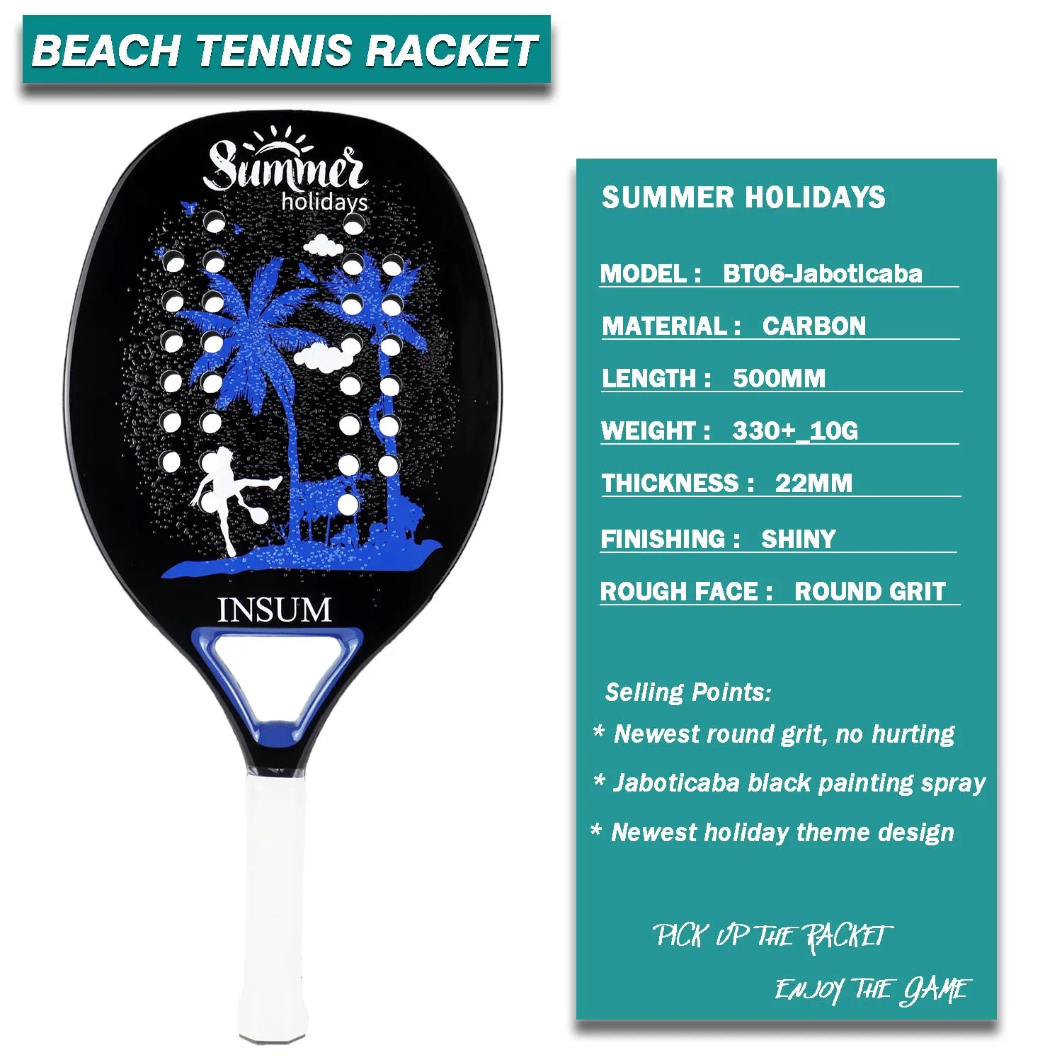 INSUM Beach Tennis Racket 100% Carbon Fiber Professional 22mm EVA Soft Round Grit Tenis Raquete