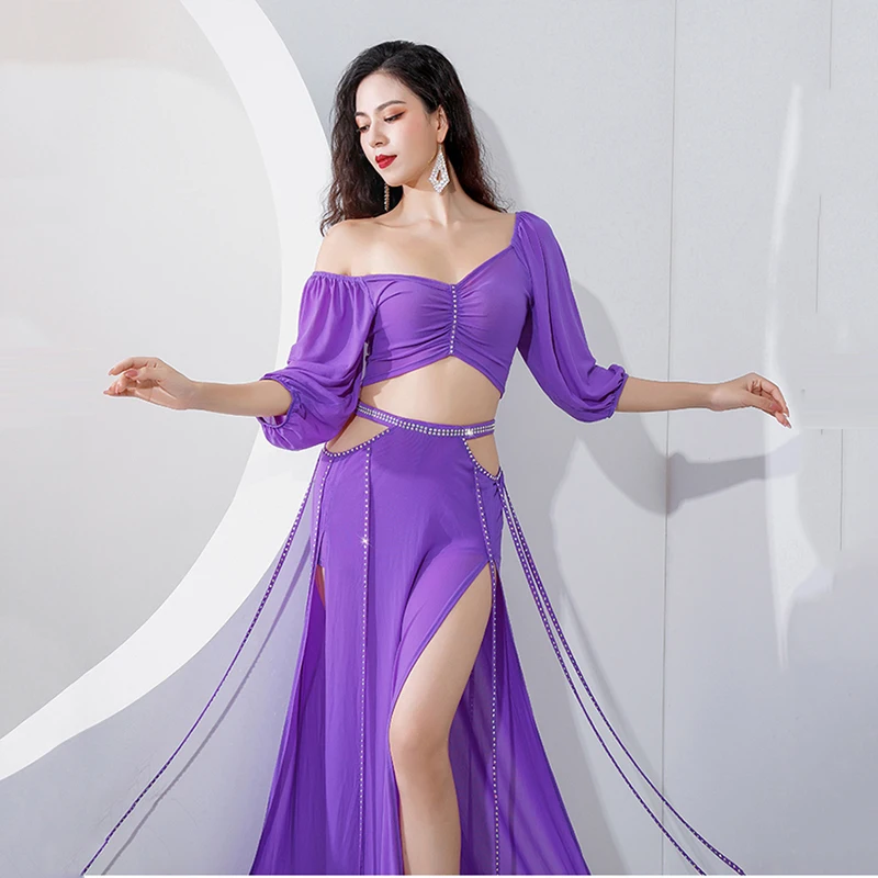 ใหม่ Belly Dance ชุด2Pcs ภาษาฝรั่งเศสคำพัฟแขนครึ่งเอวร้อนเจาะพู่หรูหราการฝึกอบรมเสื้อผ้า Practice ชุด