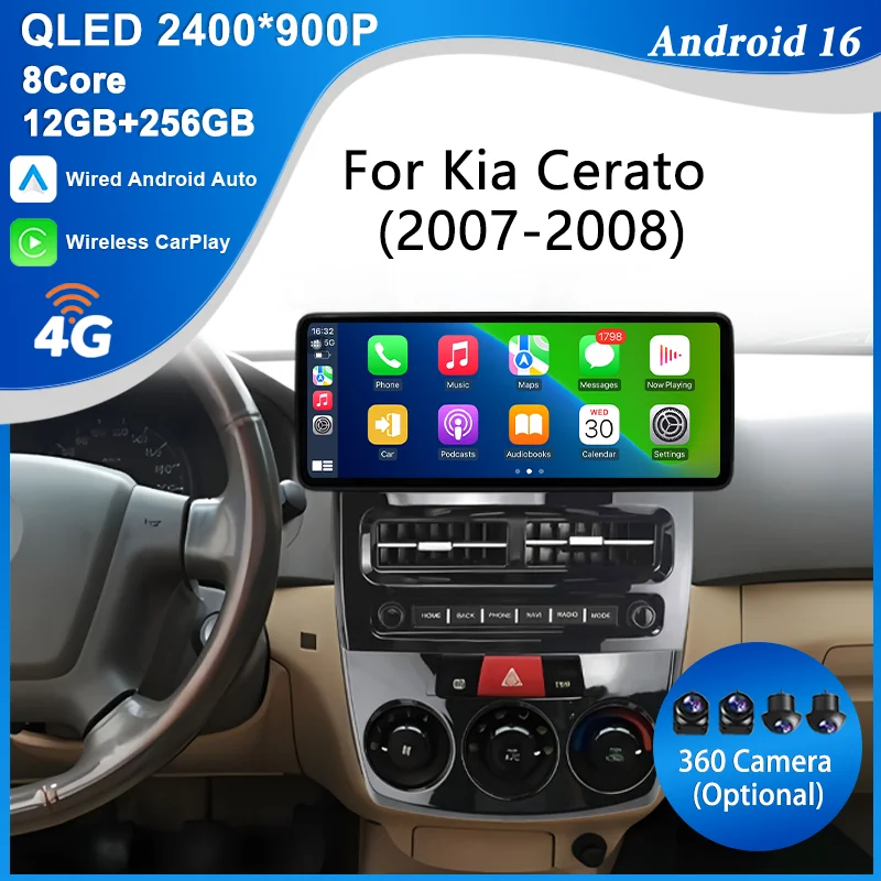 

for Kia Cerato 2007-2008 12.3 inch Android 16 Multimedia Player QLED Touch Screen GPS BT 4G Wifi DSP CarPlay Android Auto Split