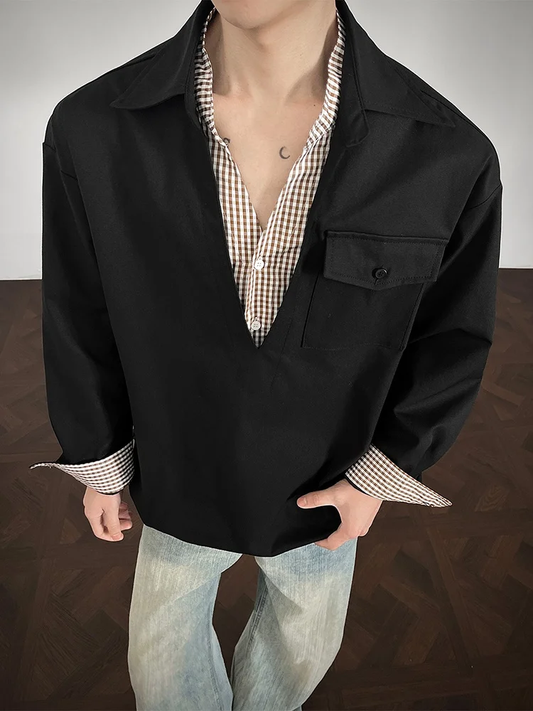 

Bla Plaid V-Ne Long Sve irt Men's Sle Spring Autumn Cleanfit High-End Feeling irt Jaet Loose Fit Fake Two-Piece
