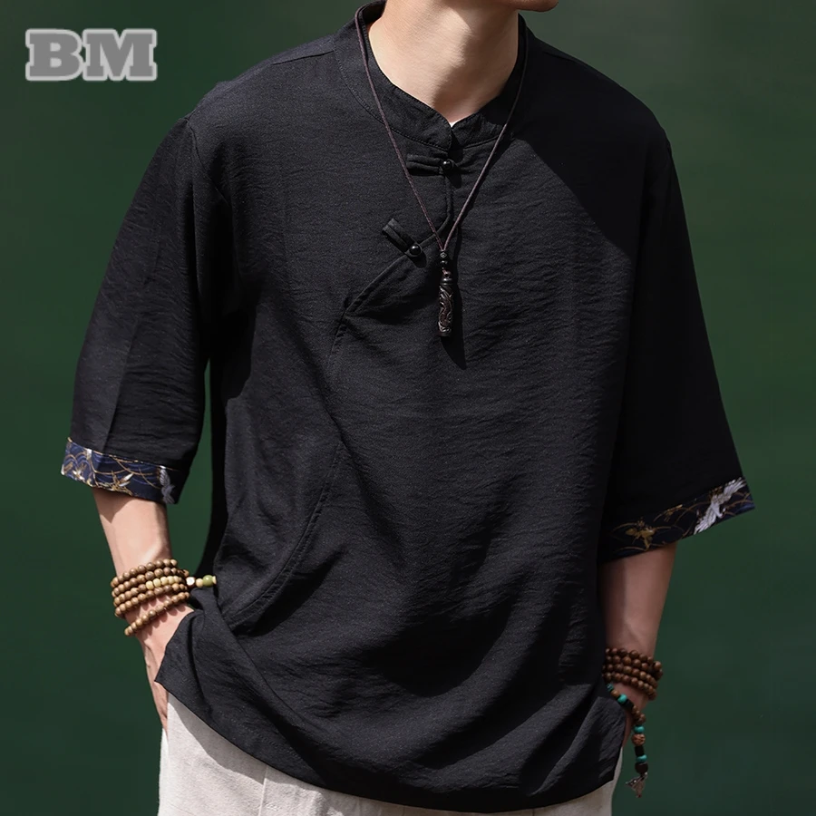 

Summer Chinese Style Vintage Patchwork Cuff Shirt Men Clothing Vintage Tai Chi Kung Fu Hanfu Thin Pullover Short Sleeve Tops