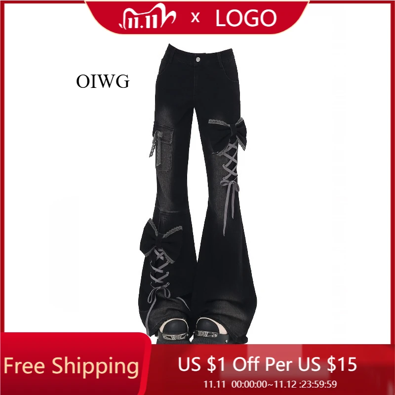 

Women's Low-Rise Bell Bottom Jeans American Retro Flare Denim Pants Bow Lace-Up Harajuku Style Japanese Designer Shoujo