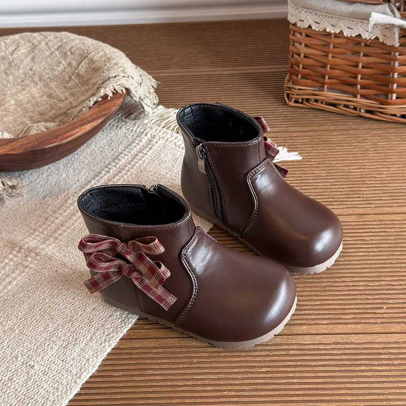 Toddler Girls Ankle Booties Side Zipper Plaid Bow Decor Soft Non Slip Sole For Autumn Winter Daily Dress Up Party Occasions