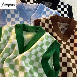 Autumn Sweater Vests Women Preppy Style Panelled Plaid Students V-neck Fashion Young Schoolgirls All-match Outerwear New Knit BF