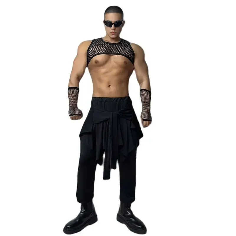Bar Nightclub Dj Ds Gogo Costume Men Black Mesh Top Jazz Pants Sexy Muscle Man Pole Dance Clothing Stage Rave Outfit XS6480