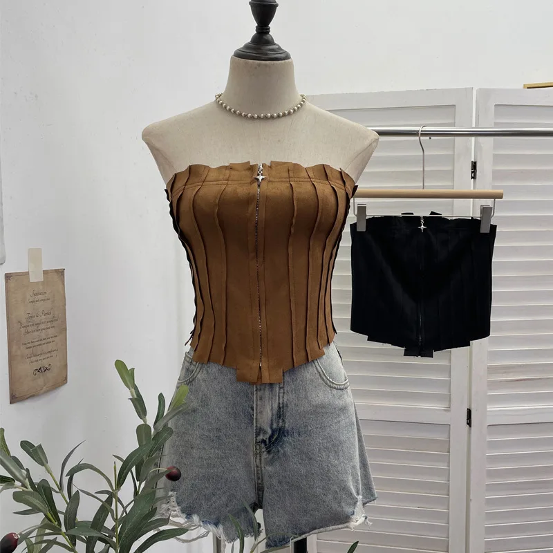 Y2K Spice Girls Crop Tops Retro  Faux Suede Pleated Front Zip One Panel Bandeau Strapless Sleeveless Vests Fashion Shirt8109