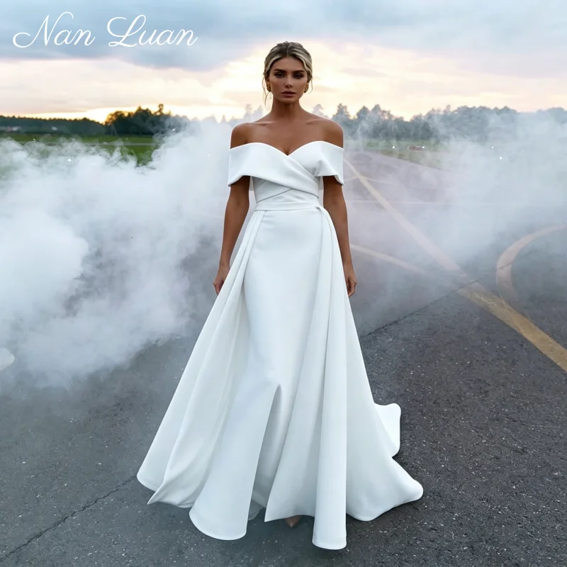 Elegant Minimal Two Piece Off Shoulder Satin Wedding Dress Detachable Skirt Chapel Train Vestidos de Novia Customized