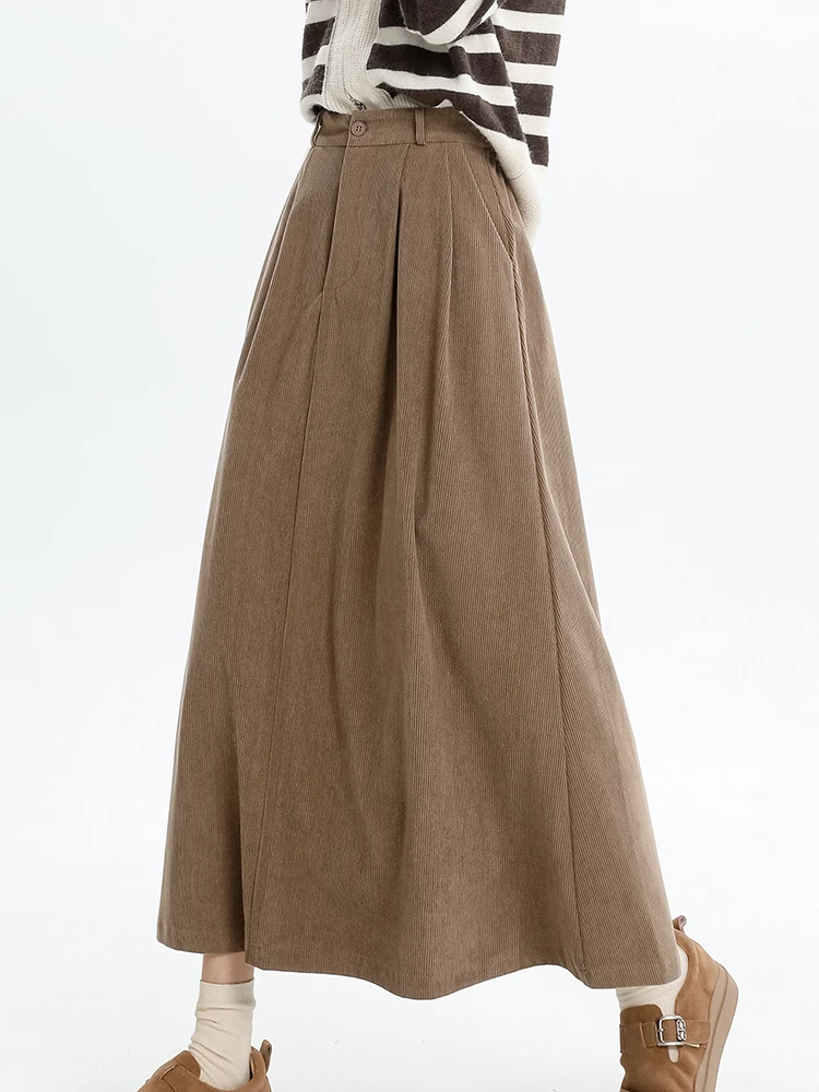 QOERLIN Autumn Winter Corduroy Skirts Women 2023 High Waist Pocket A-Line Mid-Length Skirts Coffee Khaki Long Skirts Streetwear