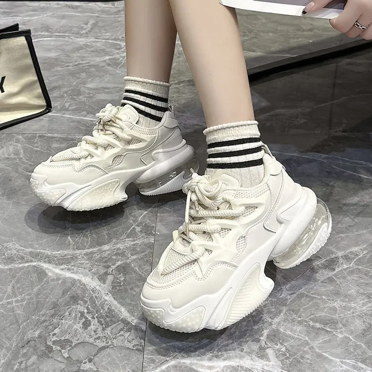 New Mesh Sneakers Spaceship Women Thick Sole Flat Daddy Shoes Height Increasing Lace Up Platform Women's Sports Shoes