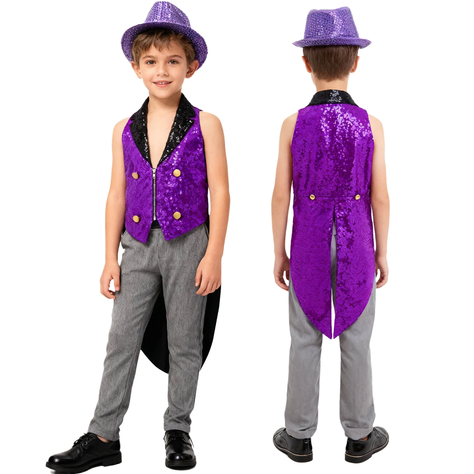 

Детский фрак с блестящими пайетками для джазовых танцев, жилет для карнавальной вечеринки, цирковой волшебник, наряд для шоу, жилет с V-образным вырезом и шляпой Fedora