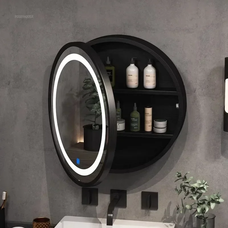 Smart Bathroom Mirror Cabinet Solid Wood Bathroom Wall Hanging Round Vanity Mirrors With Storage