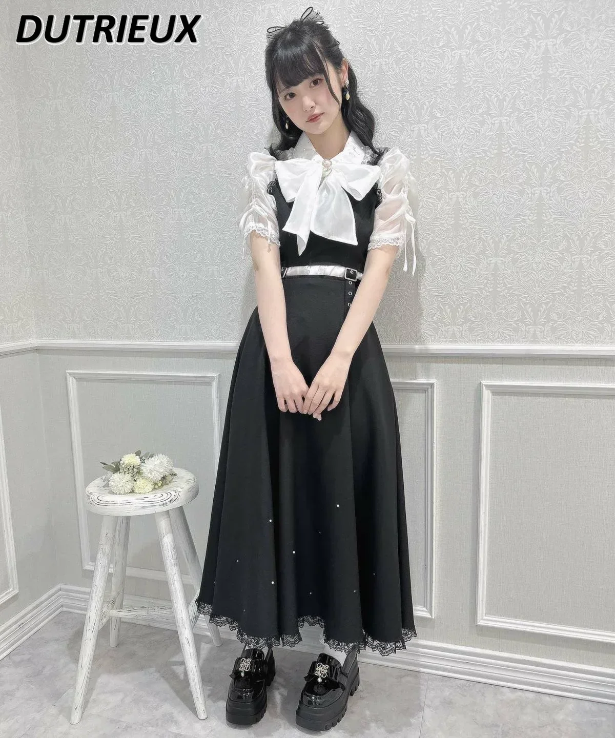 

Japanese Style Lolita Short Sleeve Dress Lace Waist Chest Strap Summer Splicing Girls' Casual Long Dresses for Women Fashion