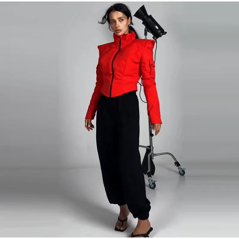 Women's Winter Coat Short Padded Coats Stand Collar Cinched Waist Pad Shoulder Zipper Jacket Street Warm Outerwear For Ladies