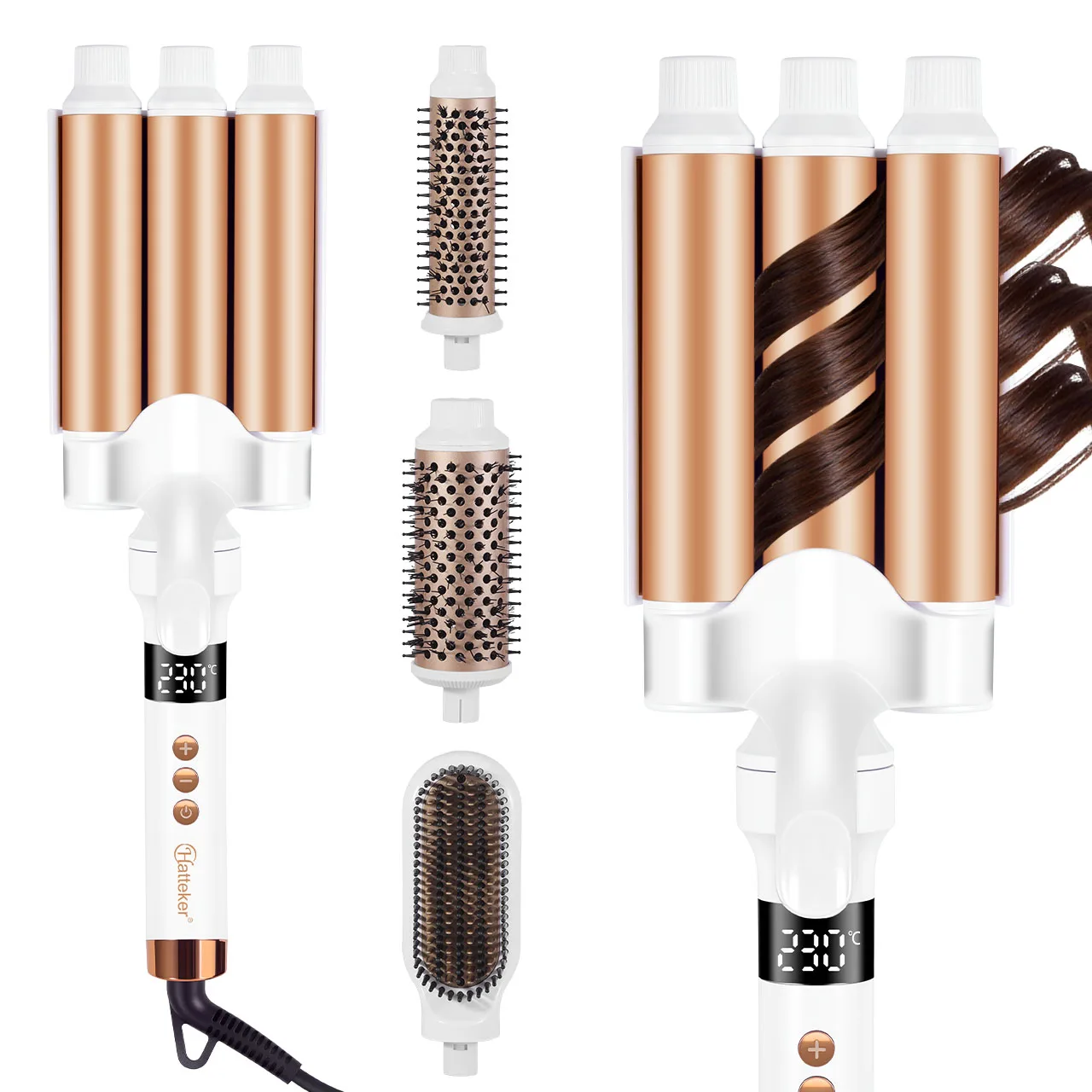 Hatteker 4-in-1 Triple Barrel Curling Iron for Home And Salon Use Large Wave Curling Iron Straightening Comb Hair Styling Tool