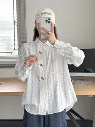 Mori kei clothing long sleeve shirts for women autumn Japan style rustic cotton yarn lace patchwork print shirts and blouses