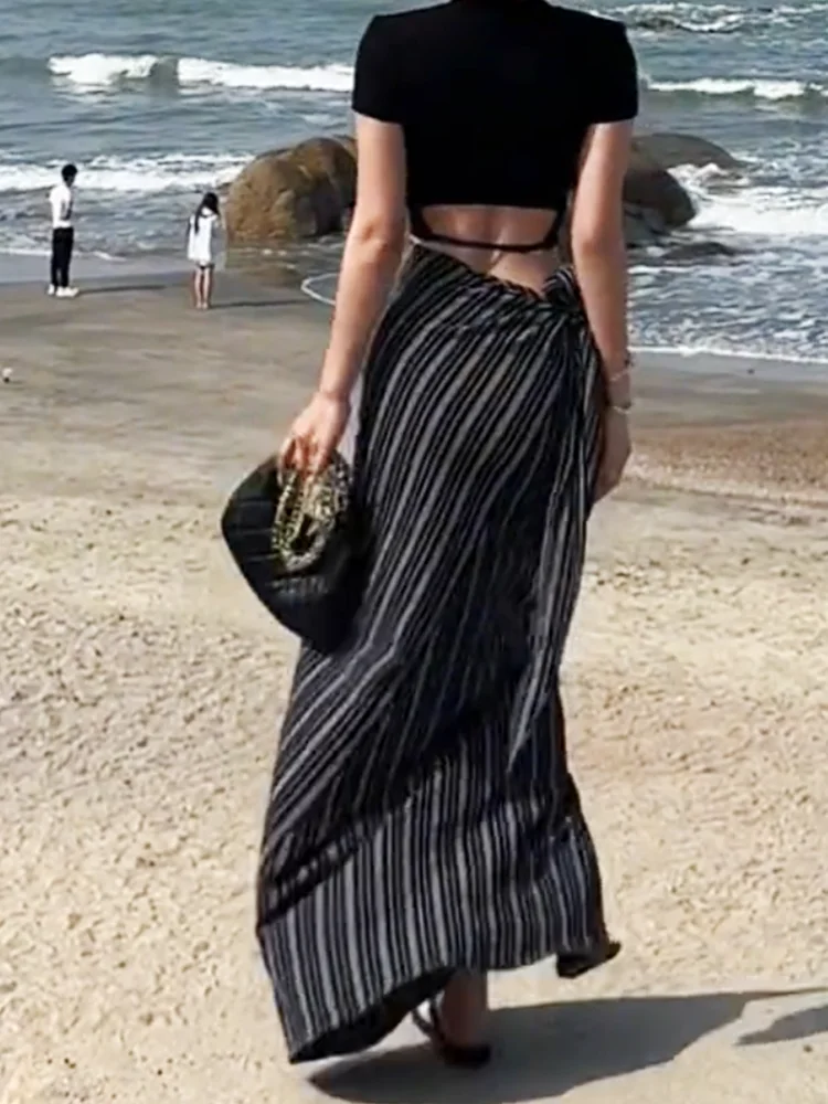 

Модная полосатая юбка макси с завышенной талией, утягивающая, повседневная, для отпуска, летняя, новый дизайн, с завязками на талии, больших размеров, женская