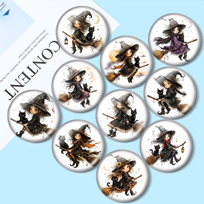 Watercolor Witch and Cat 12/18/20/25mm Glass Cabochon Bracelet Pendant Rings for Jewelry Demo Earrings Back Making Findings