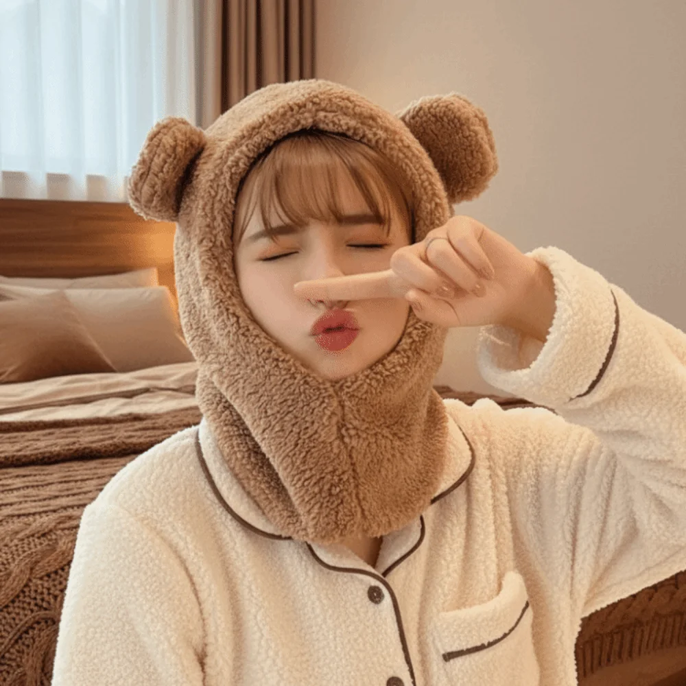 

Korean Style Bear Ear Hat Scarf Casual Windproof Sweet Cartoon Winter Warm Hedging Cap Solid Color Fluffy Cute Hat Scarf Autumn