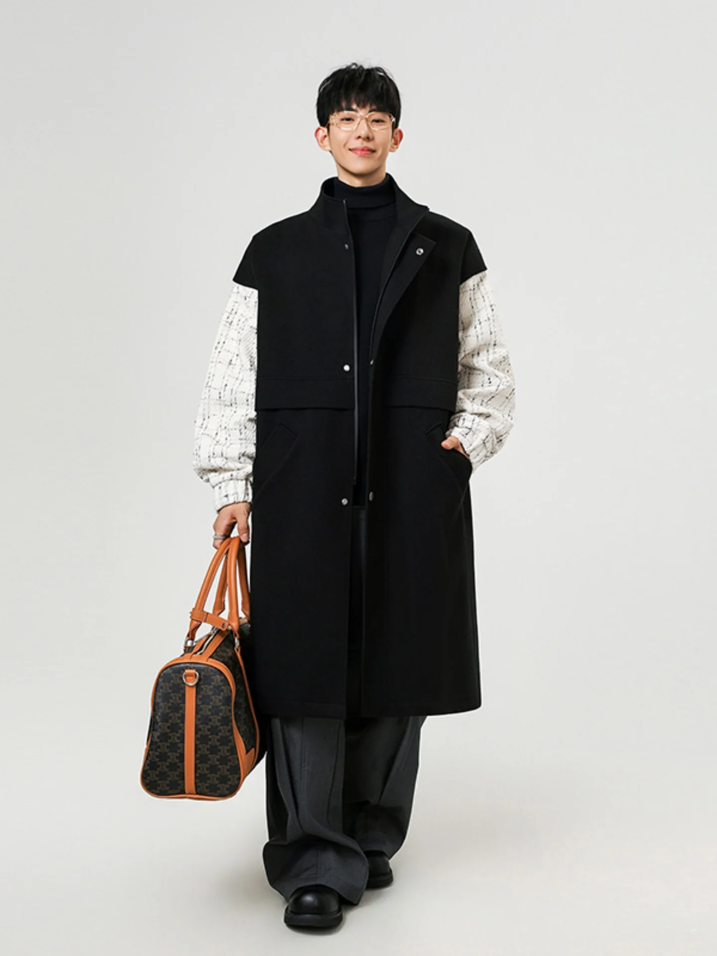 

Men's Mid-Length Over-Knee Briti Sle Woolen Coat Fake Two-Piece Faion Urban Cool Windbreaker Long Sve Zipper Closure