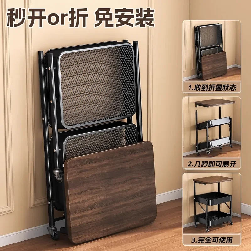 for Medieval Style Free Installation Folding Trolley Shelf Bedside Table Living Room Sofa Side Table for Tea Snacks Storage