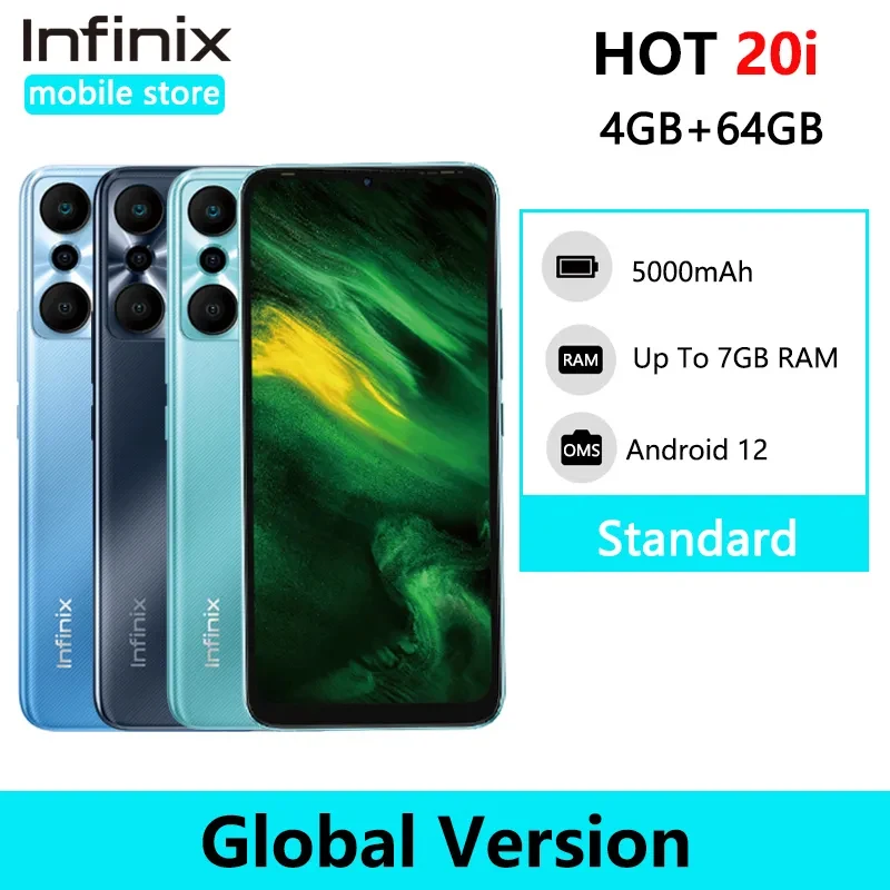 

Global Version Infinix Hot 20i X665E 4GB+64GB Smartphone 6.6" Display 5000mAh Battery 8MP FF /13MP AF Triple Camera GPS 4G