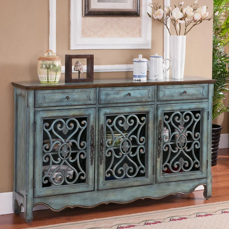 Eco-friendly Antiqued Finish Hand Painted Home Furniture Dining Room Kitchen Solid Wood Nordic Buffet Cabinet Sideboard