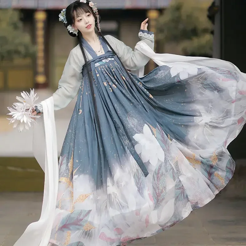 Vintage Floral Embroidery Dress Chinese Traditional Hanfu Women Elegant Princess Cosplay Stage Costumes Party Dance Clothing