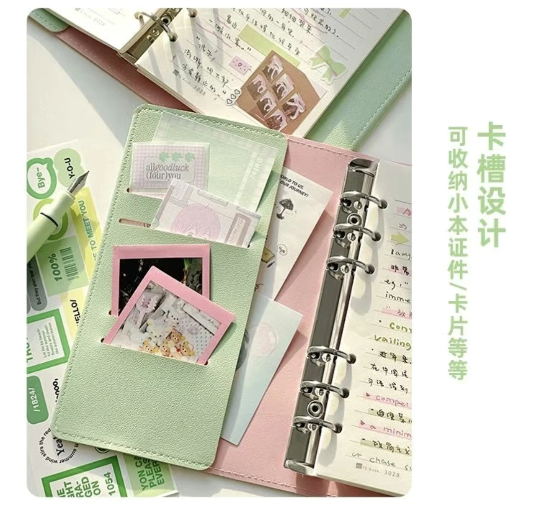 New Color contrast detachable soft leather 6-ring binder notebook with pen insert and binding, 60 sheets of 120-page line  paper