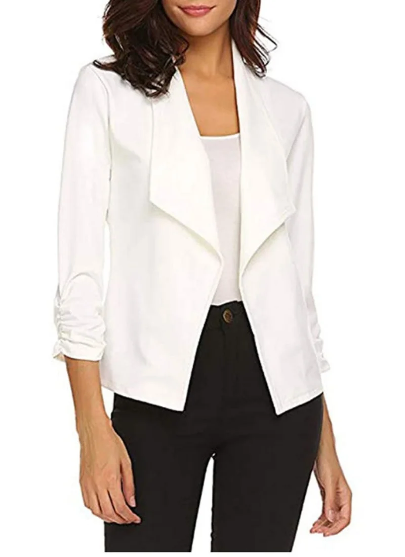 Womens Blazer Casual Open Front Work Office Blazer Jacket 3/4 Sleeve Lapel Coats with Removable Shoulder Pads