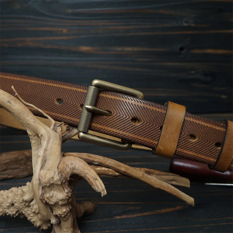 

3.8CM Genuine Leather Men Vintage Brass Buckle Thickened Belts Male Handmade Cowhide American Style Polished Jeans Strap Belt
