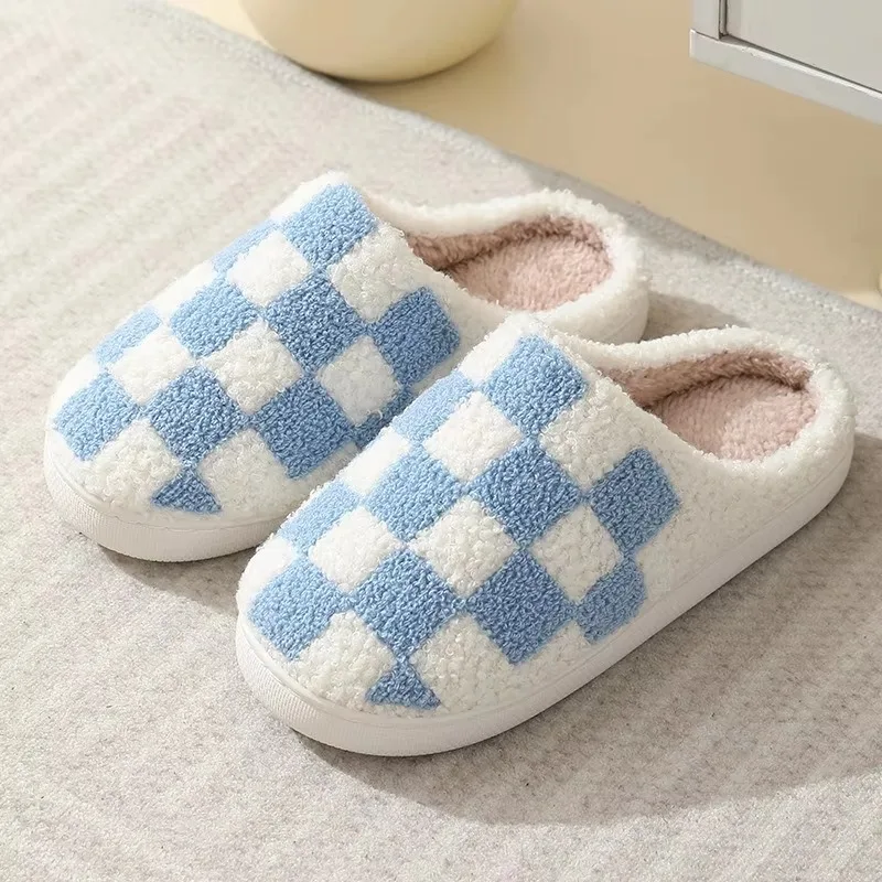 Checkered Cotton Slippers 2024 Women Winter Floor Plush Slippers Home Anti Slip Flat Bottom Comfort Soft Bottom Cotton Slippers