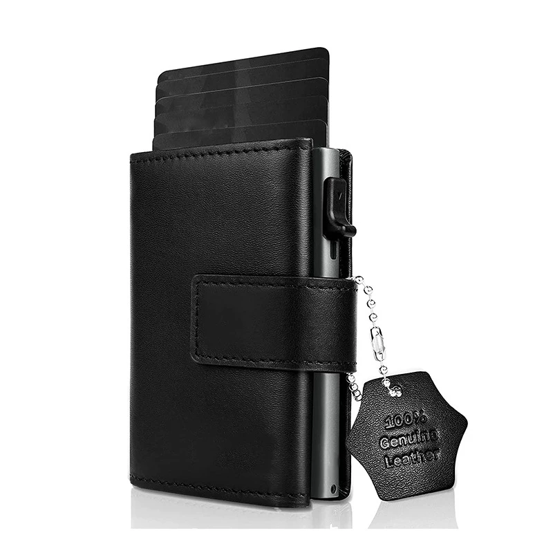 Black ID Credit Cards Case Mini Wallet with Zip Coin Purse Money Men RFID Protection Genuine Leather Small Aluminum Card Holder